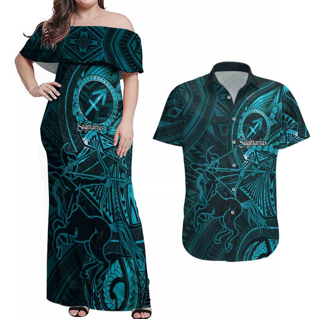 Personalised Polynesia Zodiac Sagittarius Couples Matching Off Shoulder Maxi Dress and Hawaiian Shirt Galaxy Polynesian Pattern Chest Tattoo Style