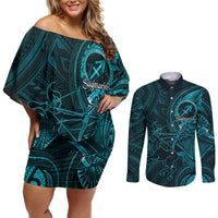 Personalised Polynesia Zodiac Sagittarius Couples Matching Off Shoulder Short Dress and Long Sleeve Button Shirt Galaxy Polynesian Pattern Chest Tattoo Style