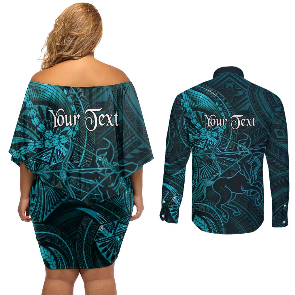 Personalised Polynesia Zodiac Sagittarius Couples Matching Off Shoulder Short Dress and Long Sleeve Button Shirt Galaxy Polynesian Pattern Chest Tattoo Style