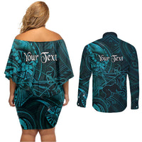 Personalised Polynesia Zodiac Sagittarius Couples Matching Off Shoulder Short Dress and Long Sleeve Button Shirt Galaxy Polynesian Pattern Chest Tattoo Style