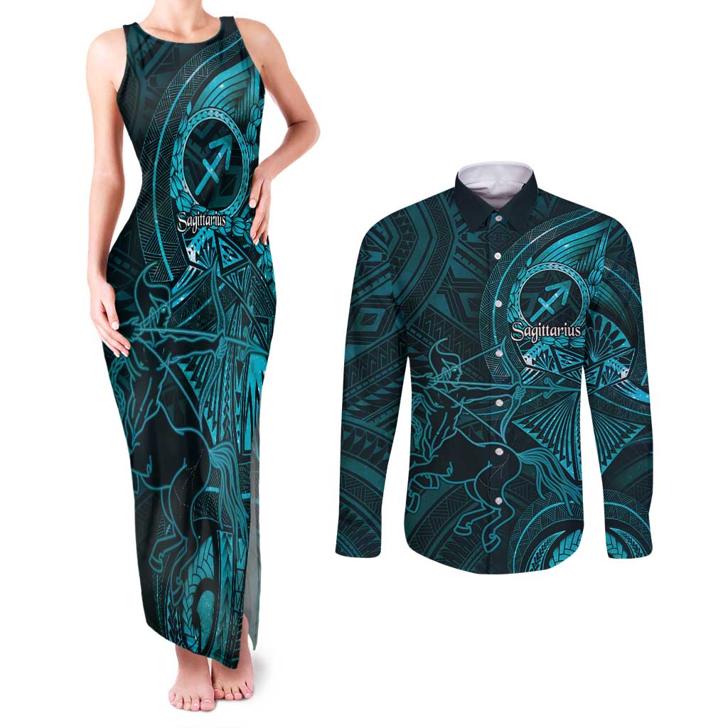 Personalised Polynesia Zodiac Sagittarius Couples Matching Tank Maxi Dress and Long Sleeve Button Shirt Galaxy Polynesian Pattern Chest Tattoo Style