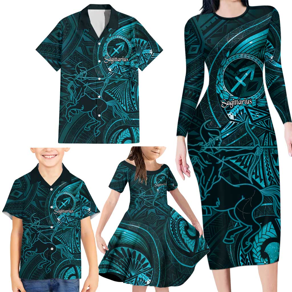 Personalised Polynesia Zodiac Sagittarius Family Matching Long Sleeve Bodycon Dress and Hawaiian Shirt Galaxy Polynesian Pattern Chest Tattoo Style