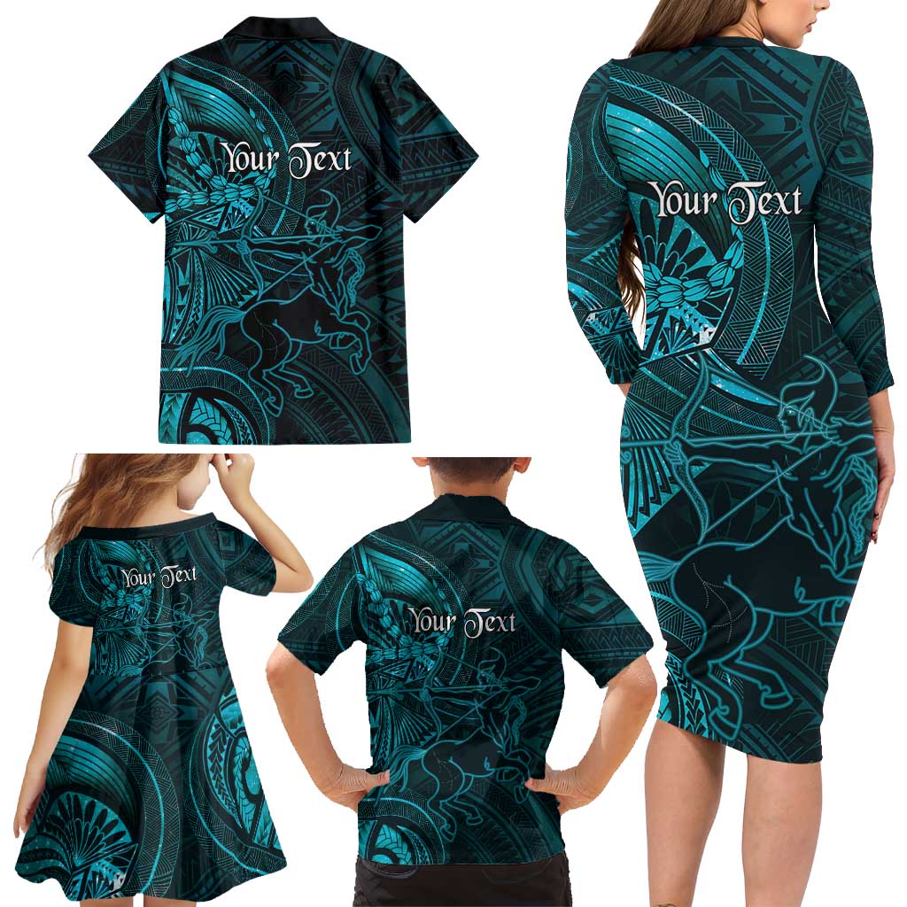Personalised Polynesia Zodiac Sagittarius Family Matching Long Sleeve Bodycon Dress and Hawaiian Shirt Galaxy Polynesian Pattern Chest Tattoo Style