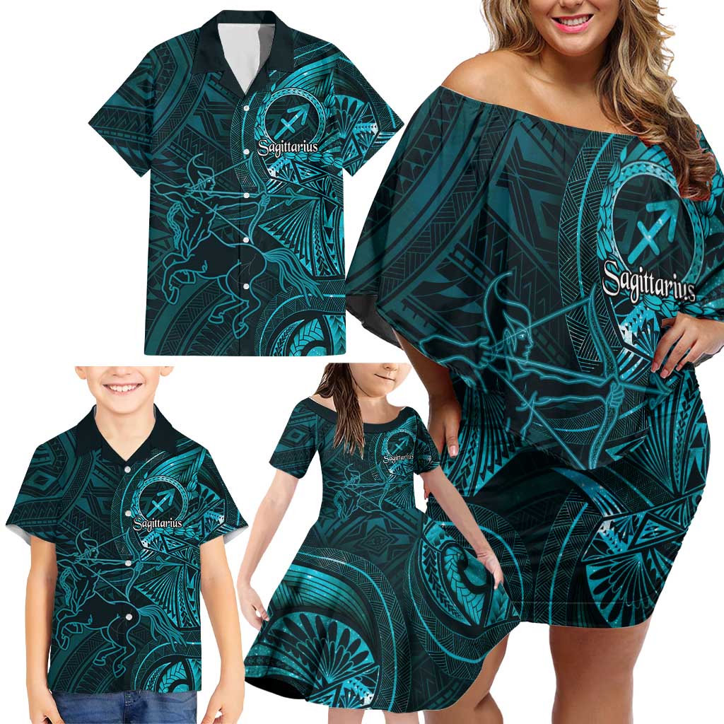 Personalised Polynesia Zodiac Sagittarius Family Matching Off Shoulder Short Dress and Hawaiian Shirt Galaxy Polynesian Pattern Chest Tattoo Style