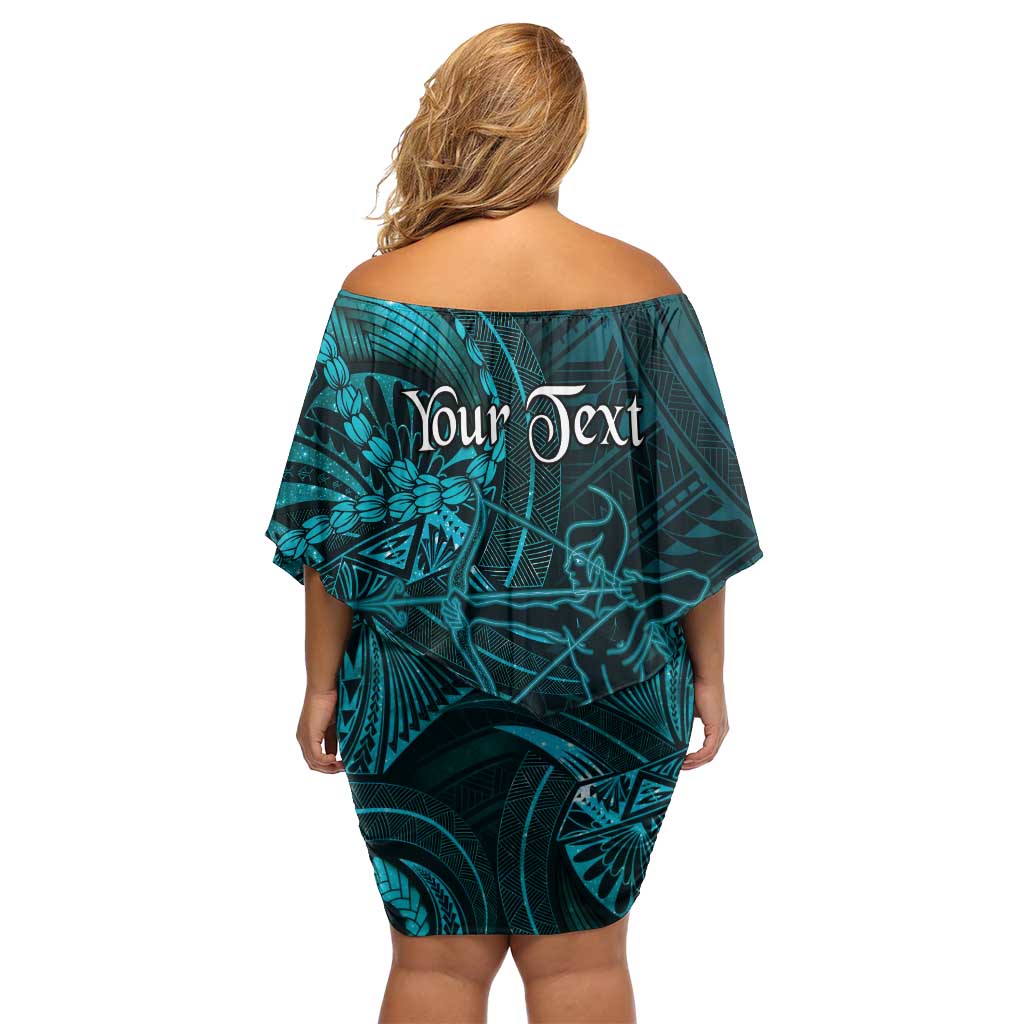 Personalised Polynesia Zodiac Sagittarius Family Matching Off Shoulder Short Dress and Hawaiian Shirt Galaxy Polynesian Pattern Chest Tattoo Style