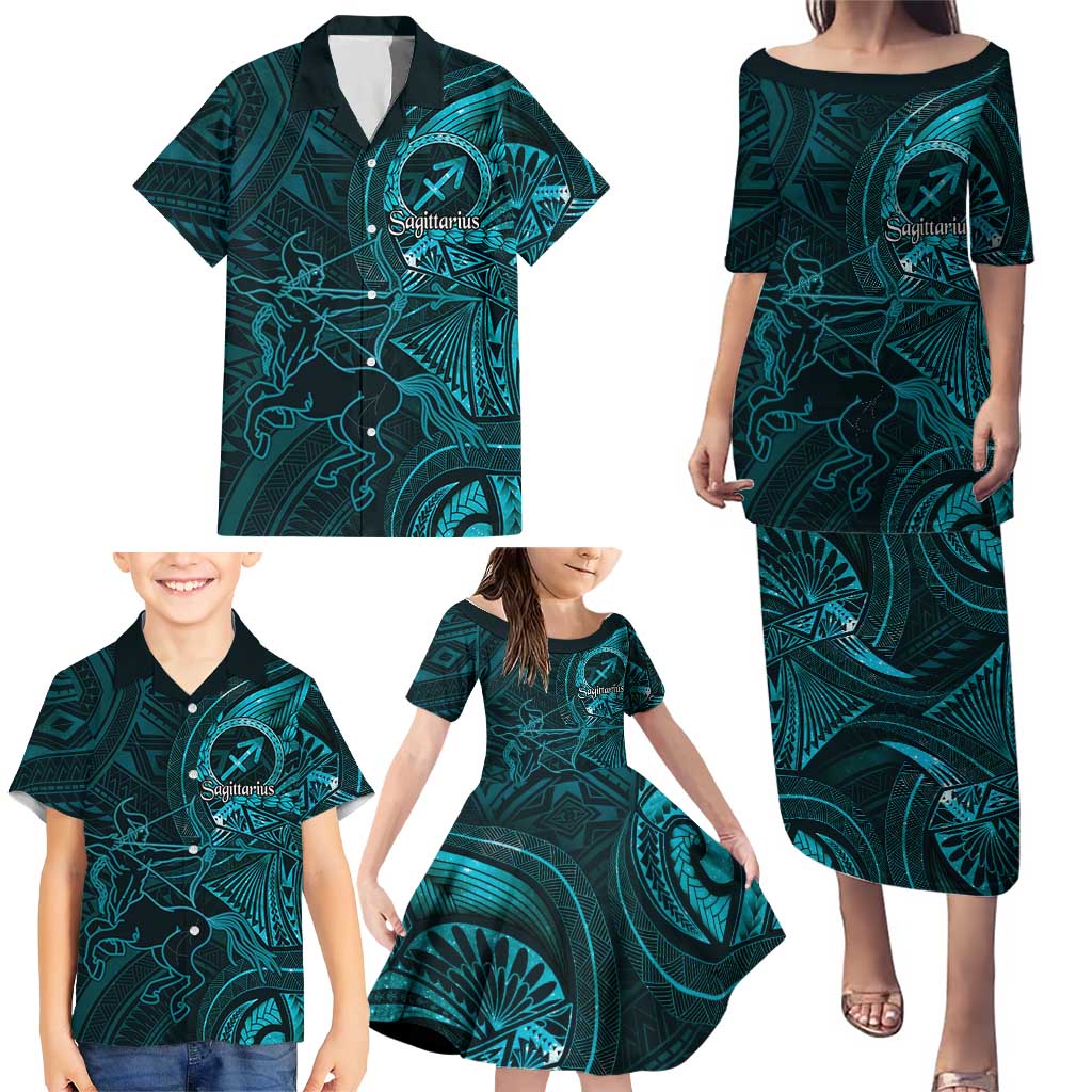 Personalised Polynesia Zodiac Sagittarius Family Matching Puletasi and Hawaiian Shirt Galaxy Polynesian Pattern Chest Tattoo Style