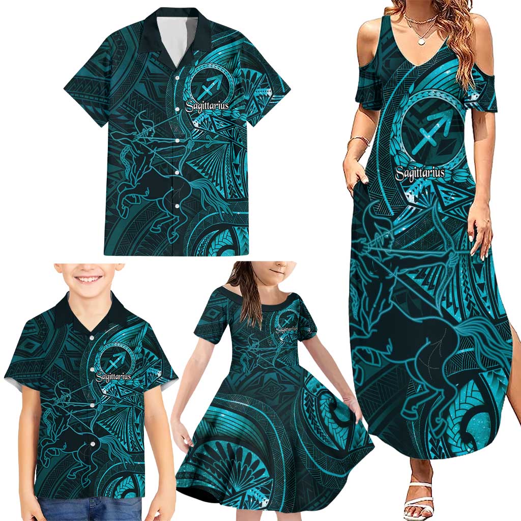 Personalised Polynesia Zodiac Sagittarius Family Matching Summer Maxi Dress and Hawaiian Shirt Galaxy Polynesian Pattern Chest Tattoo Style