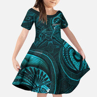 Personalised Polynesia Zodiac Sagittarius Family Matching Tank Maxi Dress and Hawaiian Shirt Galaxy Polynesian Pattern Chest Tattoo Style LT14 Daughter's Dress Cyan - Polynesian Pride
