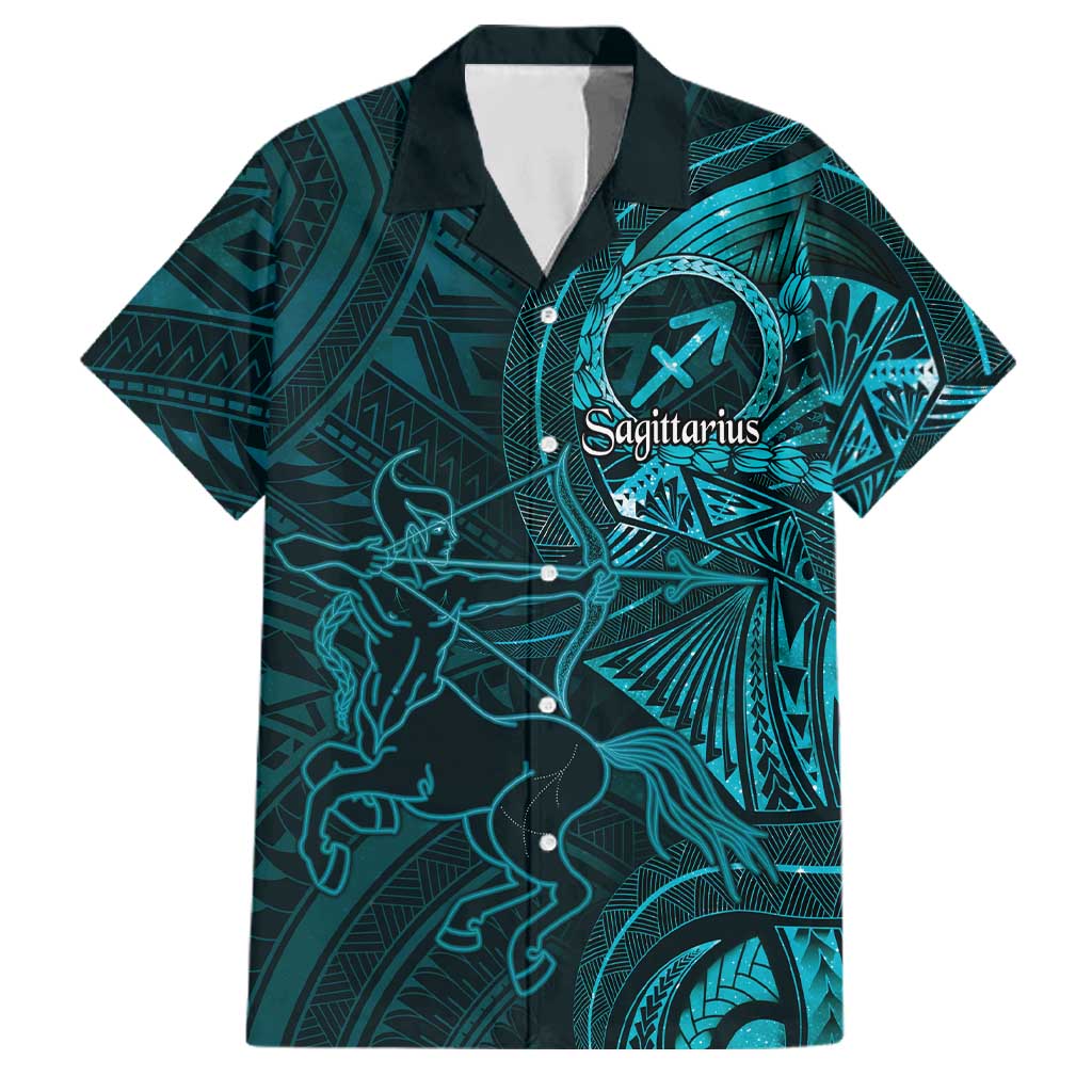 Personalised Polynesia Zodiac Sagittarius Family Matching Tank Maxi Dress and Hawaiian Shirt Galaxy Polynesian Pattern Chest Tattoo Style LT14 Dad's Shirt - Short Sleeve Cyan - Polynesian Pride