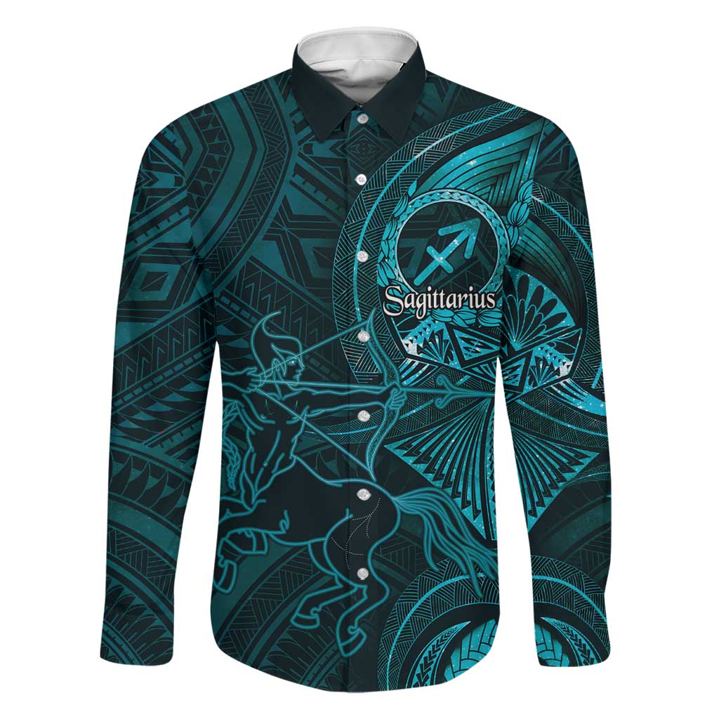 Personalised Polynesia Zodiac Sagittarius Family Matching Tank Maxi Dress and Hawaiian Shirt Galaxy Polynesian Pattern Chest Tattoo Style LT14 Dad's Shirt - Long Sleeve Cyan - Polynesian Pride