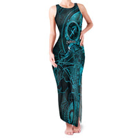 Personalised Polynesia Zodiac Sagittarius Family Matching Tank Maxi Dress and Hawaiian Shirt Galaxy Polynesian Pattern Chest Tattoo Style LT14 Mom's Dress Cyan - Polynesian Pride