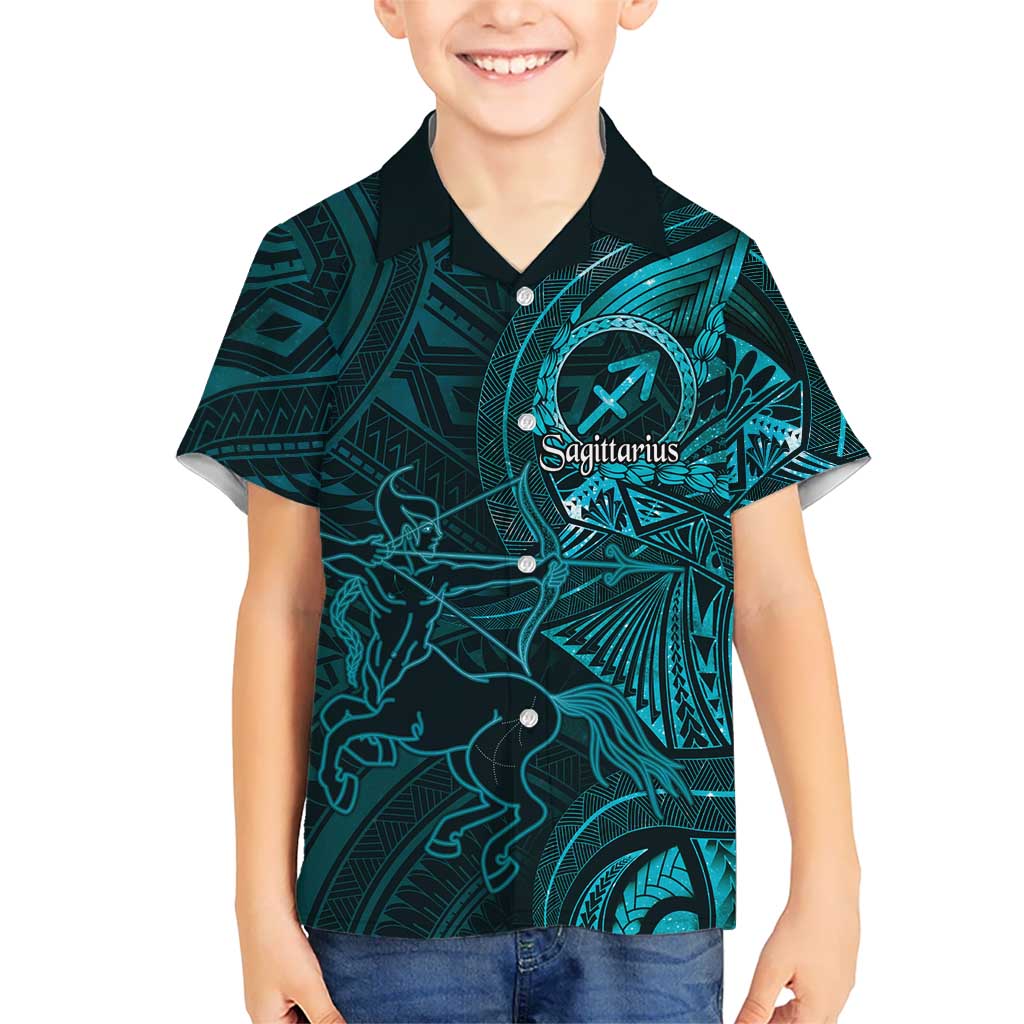 Personalised Polynesia Zodiac Sagittarius Family Matching Tank Maxi Dress and Hawaiian Shirt Galaxy Polynesian Pattern Chest Tattoo Style LT14 Son's Shirt Cyan - Polynesian Pride