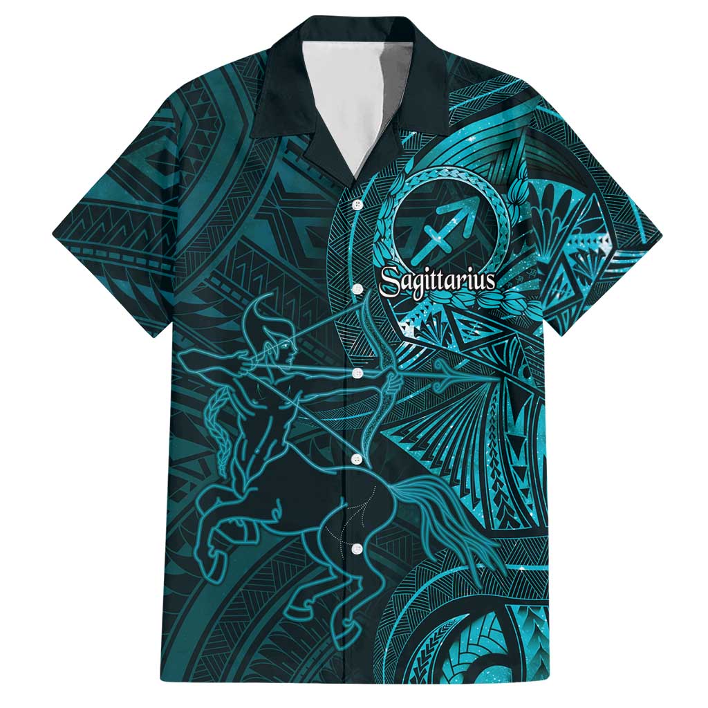 Personalised Polynesia Zodiac Sagittarius Hawaiian Shirt Galaxy Polynesian Pattern Chest Tattoo Style LT14 Cyan - Polynesian Pride