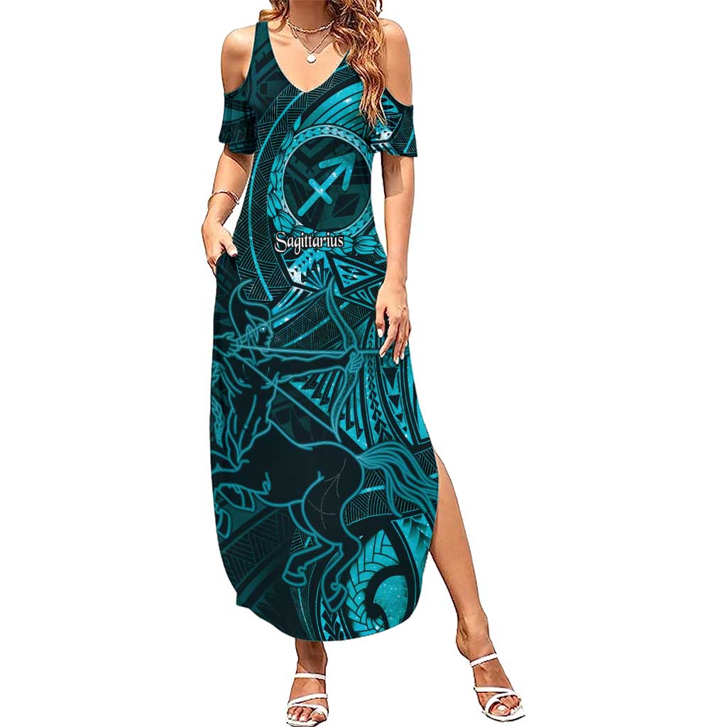 Personalised Polynesia Zodiac Sagittarius Summer Maxi Dress Galaxy Polynesian Pattern Chest Tattoo Style LT14 Women Cyan - Polynesian Pride