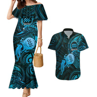 Personalised Polynesia Zodiac Aquarius Couples Matching Mermaid Dress and Hawaiian Shirt Galaxy Polynesian Pattern Chest Tattoo Style LT14 Blue - Polynesian Pride