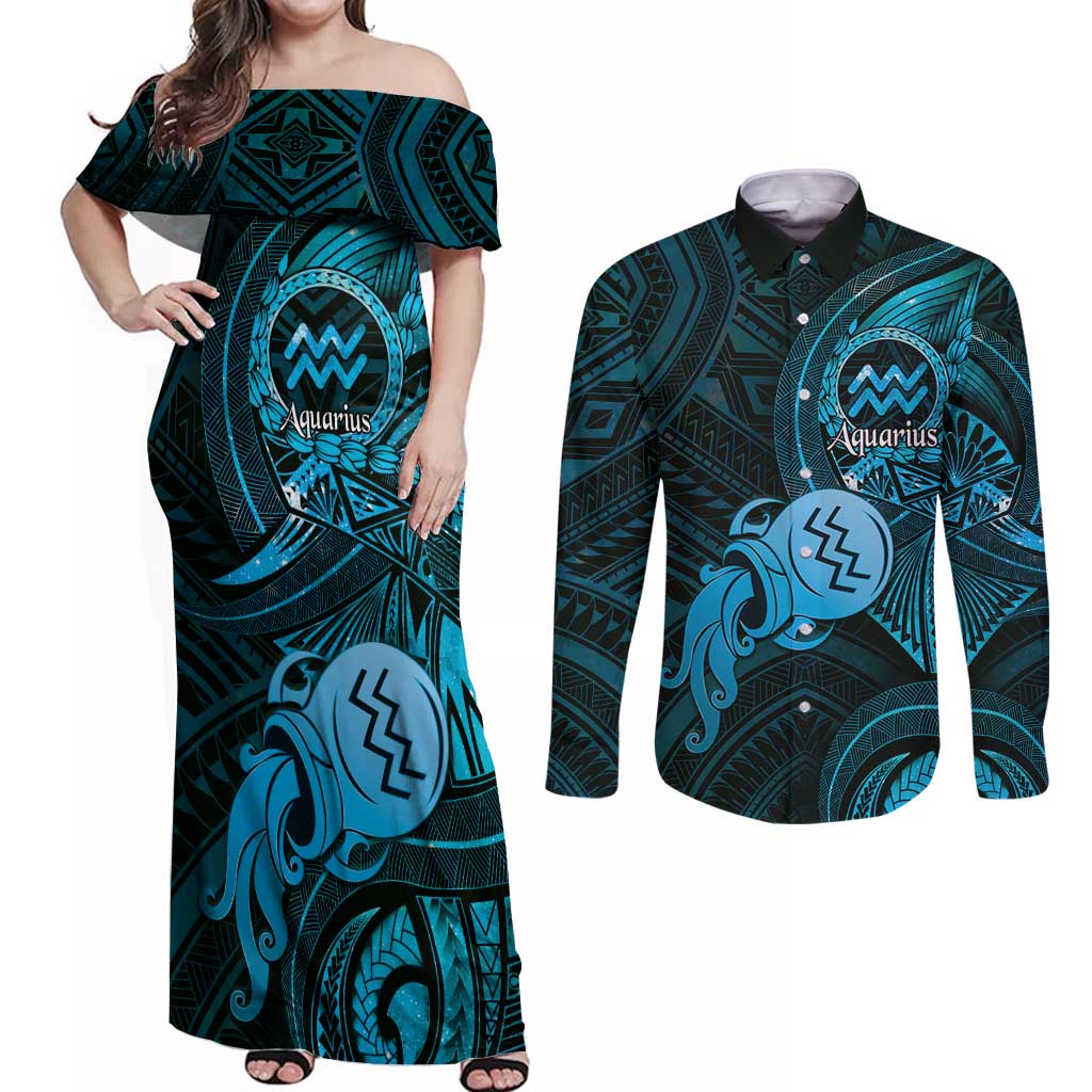 Personalised Polynesia Zodiac Aquarius Couples Matching Off Shoulder Maxi Dress and Long Sleeve Button Shirt Galaxy Polynesian Pattern Chest Tattoo Style