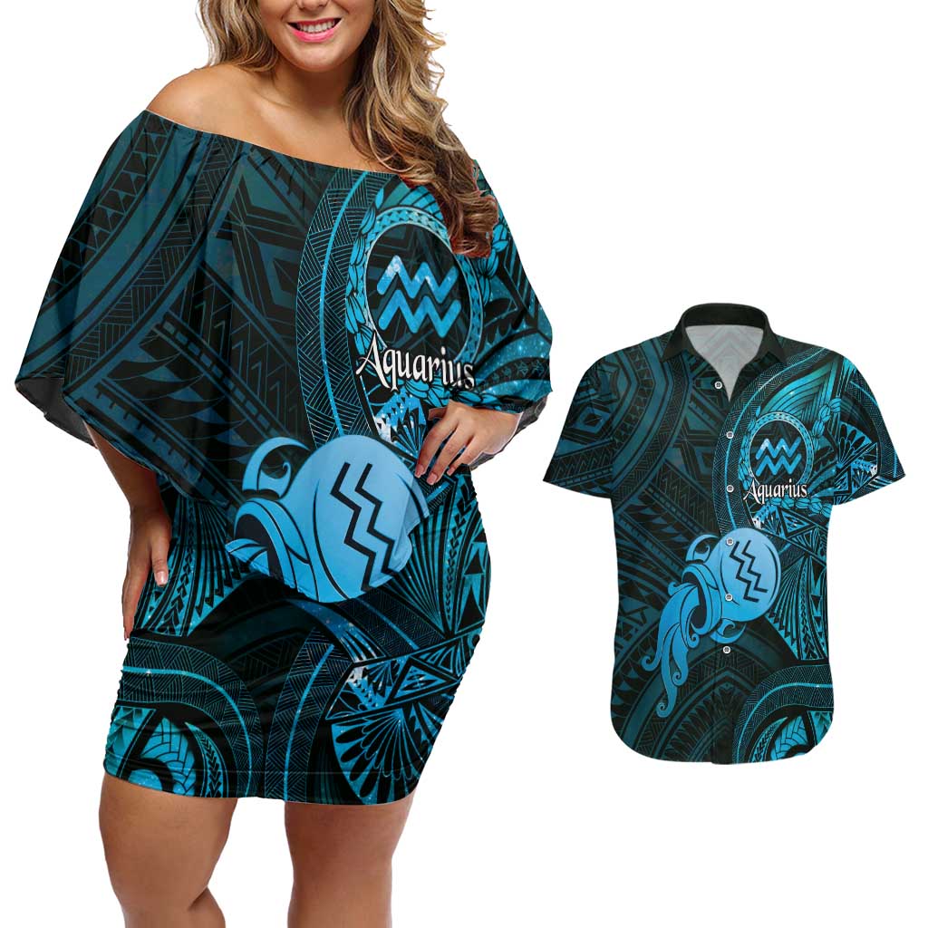 Personalised Polynesia Zodiac Aquarius Couples Matching Off Shoulder Short Dress and Hawaiian Shirt Galaxy Polynesian Pattern Chest Tattoo Style