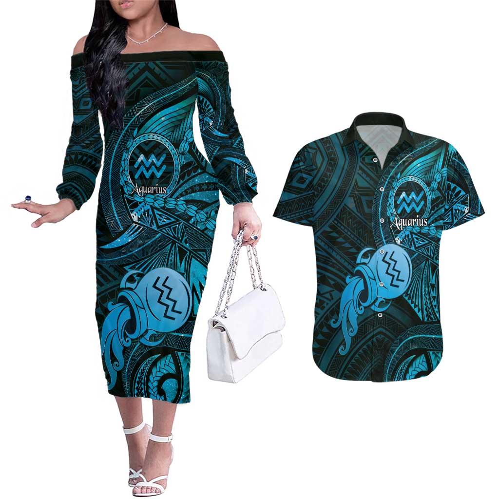 Personalised Polynesia Zodiac Aquarius Couples Matching Off The Shoulder Long Sleeve Dress and Hawaiian Shirt Galaxy Polynesian Pattern Chest Tattoo Style
