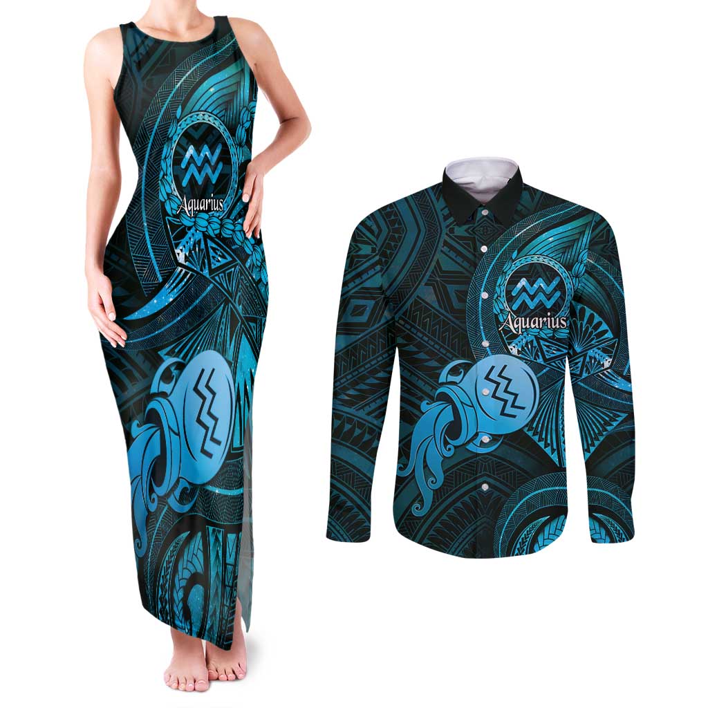 Personalised Polynesia Zodiac Aquarius Couples Matching Tank Maxi Dress and Long Sleeve Button Shirt Galaxy Polynesian Pattern Chest Tattoo Style