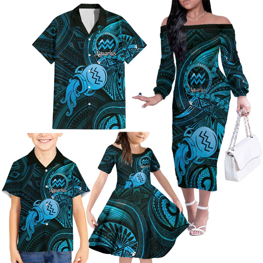 Personalised Polynesia Zodiac Aquarius Family Matching Off The Shoulder Long Sleeve Dress and Hawaiian Shirt Galaxy Polynesian Pattern Chest Tattoo Style