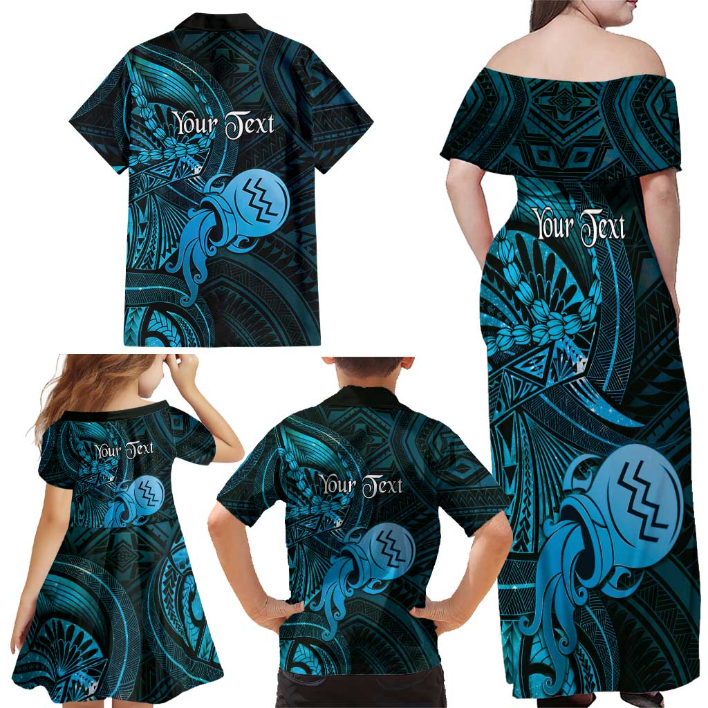 Personalised Polynesia Zodiac Aquarius Family Matching Off Shoulder Maxi Dress and Hawaiian Shirt Galaxy Polynesian Pattern Chest Tattoo Style