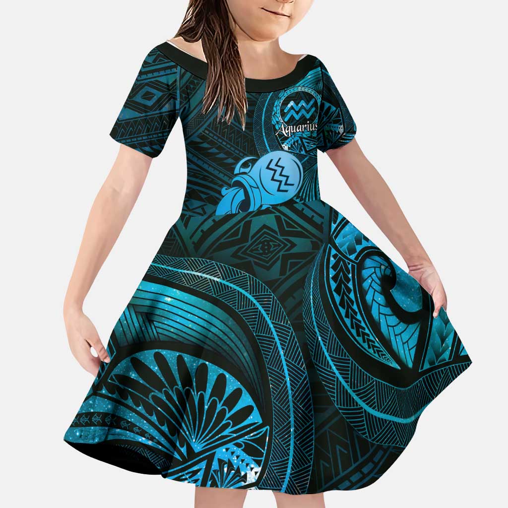 Personalised Polynesia Zodiac Aquarius Family Matching Off Shoulder Short Dress and Hawaiian Shirt Galaxy Polynesian Pattern Chest Tattoo Style LT14 Daughter's Dress Blue - Polynesian Pride