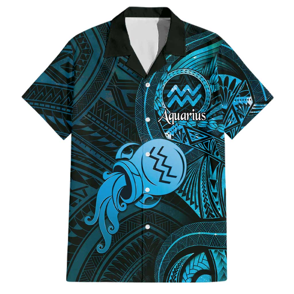 Personalised Polynesia Zodiac Aquarius Family Matching Off Shoulder Short Dress and Hawaiian Shirt Galaxy Polynesian Pattern Chest Tattoo Style LT14 Dad's Shirt - Short Sleeve Blue - Polynesian Pride