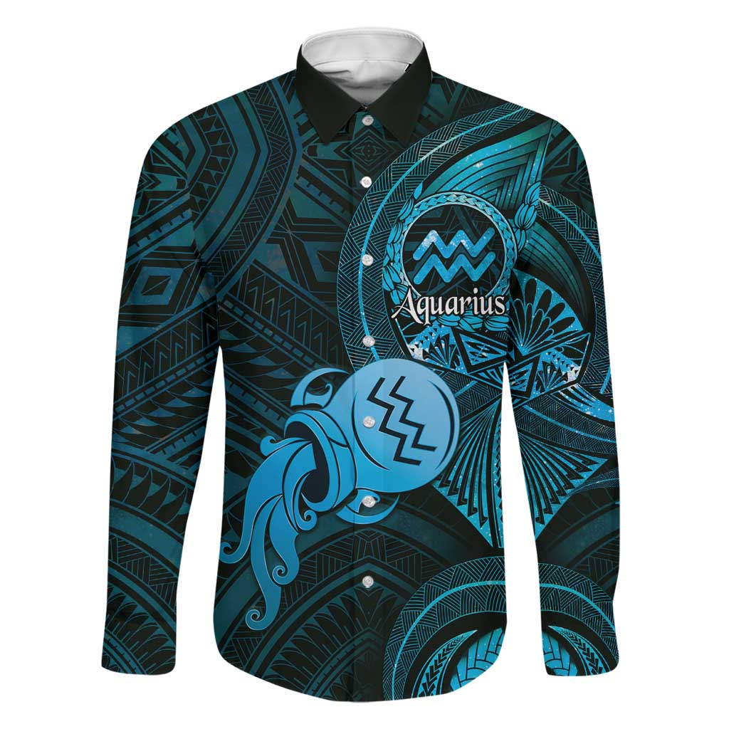 Personalised Polynesia Zodiac Aquarius Family Matching Off Shoulder Short Dress and Hawaiian Shirt Galaxy Polynesian Pattern Chest Tattoo Style LT14 Dad's Shirt - Long Sleeve Blue - Polynesian Pride
