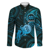Personalised Polynesia Zodiac Aquarius Family Matching Off Shoulder Short Dress and Hawaiian Shirt Galaxy Polynesian Pattern Chest Tattoo Style LT14 Dad's Shirt - Long Sleeve Blue - Polynesian Pride