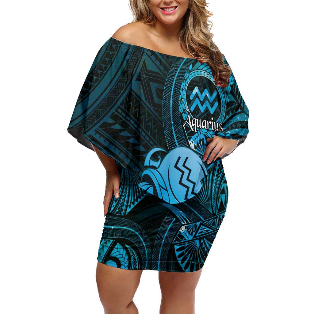 Personalised Polynesia Zodiac Aquarius Family Matching Off Shoulder Short Dress and Hawaiian Shirt Galaxy Polynesian Pattern Chest Tattoo Style LT14 Mom's Dress Blue - Polynesian Pride