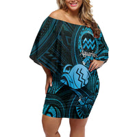 Personalised Polynesia Zodiac Aquarius Family Matching Off Shoulder Short Dress and Hawaiian Shirt Galaxy Polynesian Pattern Chest Tattoo Style LT14 Mom's Dress Blue - Polynesian Pride