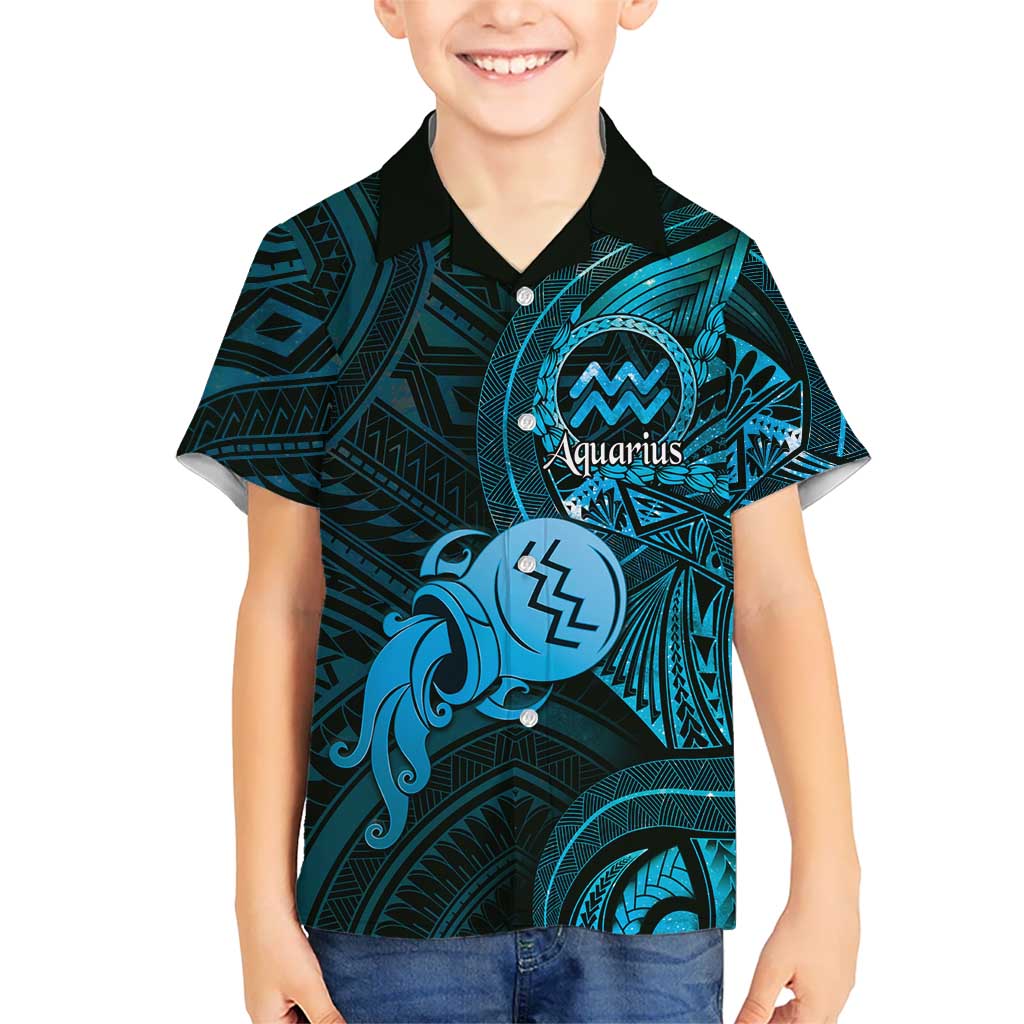 Personalised Polynesia Zodiac Aquarius Family Matching Off Shoulder Short Dress and Hawaiian Shirt Galaxy Polynesian Pattern Chest Tattoo Style LT14 Son's Shirt Blue - Polynesian Pride