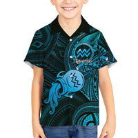 Personalised Polynesia Zodiac Aquarius Family Matching Off Shoulder Short Dress and Hawaiian Shirt Galaxy Polynesian Pattern Chest Tattoo Style LT14 Son's Shirt Blue - Polynesian Pride