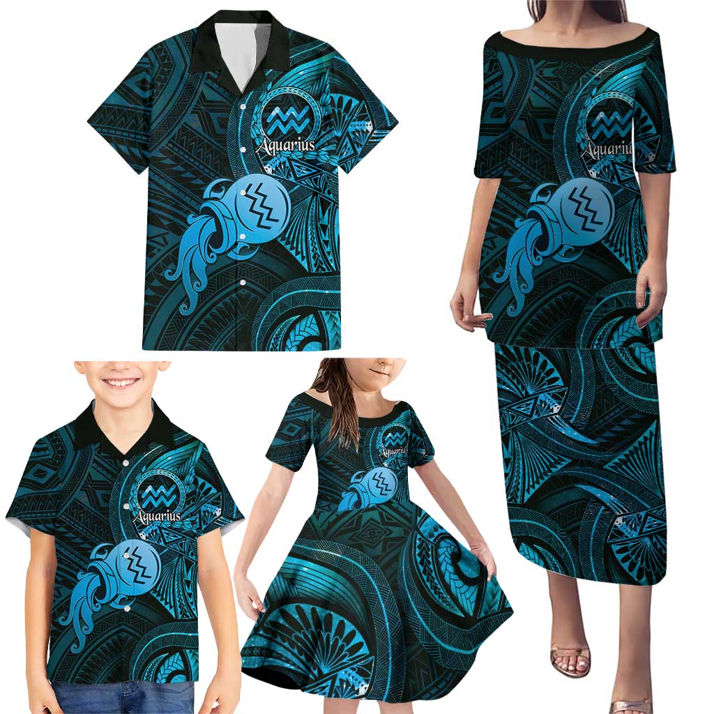 Personalised Polynesia Zodiac Aquarius Family Matching Puletasi and Hawaiian Shirt Galaxy Polynesian Pattern Chest Tattoo Style
