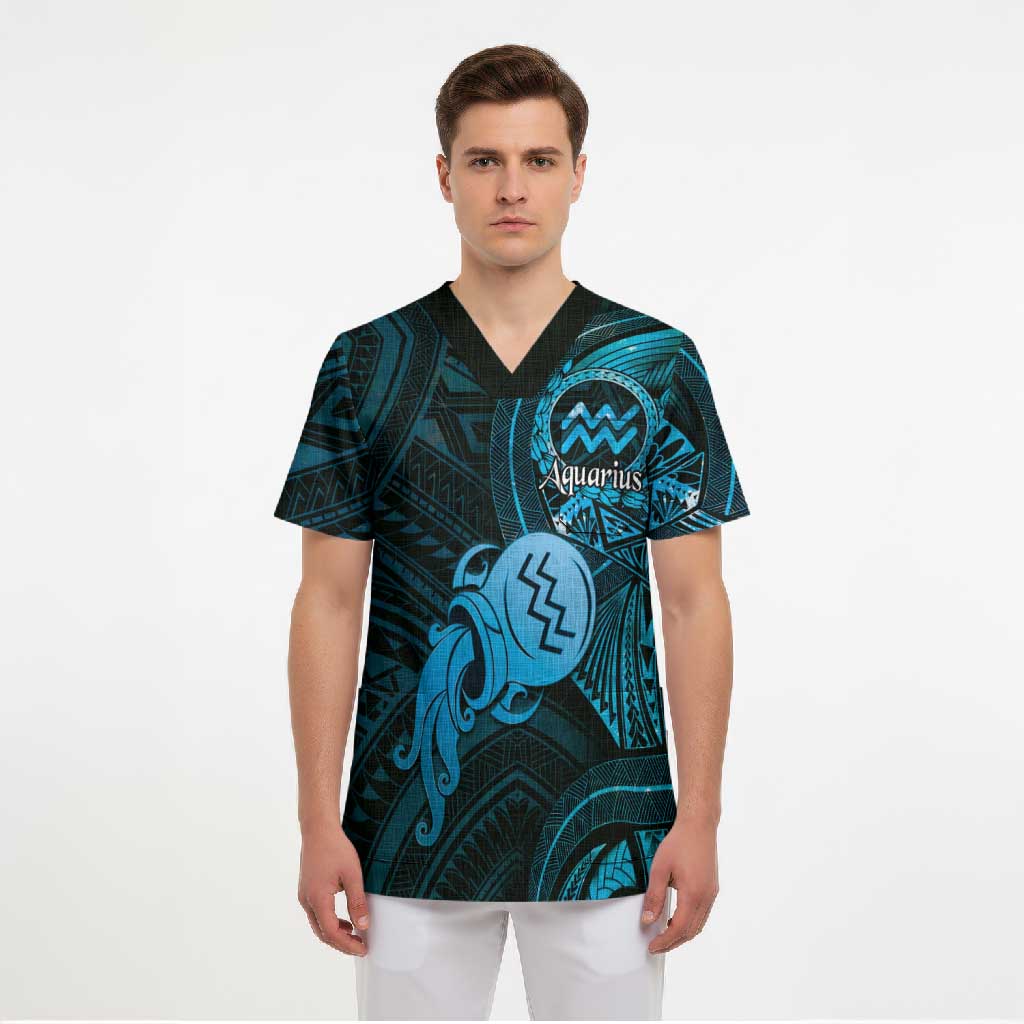 Personalised Polynesia Zodiac Aquarius Scrub Top Galaxy Polynesian Pattern Chest Tattoo Style
