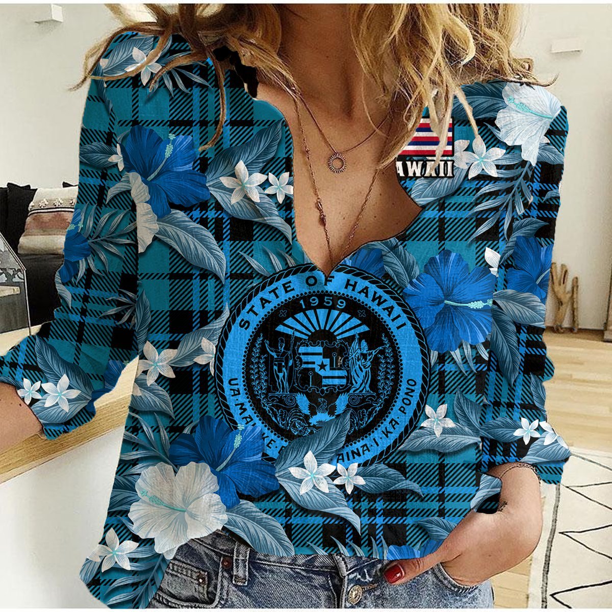 Hawaii State Women Casual Shirt Tropical Flowers Mix Tartan Blue Version LT14 Female Blue - Polynesian Pride