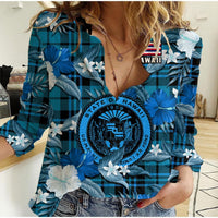 Hawaii State Women Casual Shirt Tropical Flowers Mix Tartan Blue Version LT14 Female Blue - Polynesian Pride