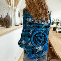 (Custom Personalised) Hawaii State Women Casual Shirt Tropical Flowers Mix Tartan Blue Version LT14 - Polynesian Pride