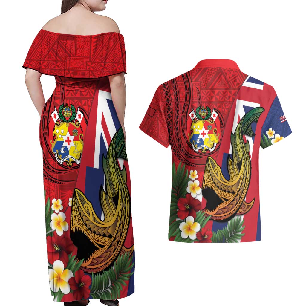 Hawaii And Tonga Couples Matching Off Shoulder Maxi Dress and Hawaiian Shirt Shark Tattoo With Tongan Coat Of Arms
