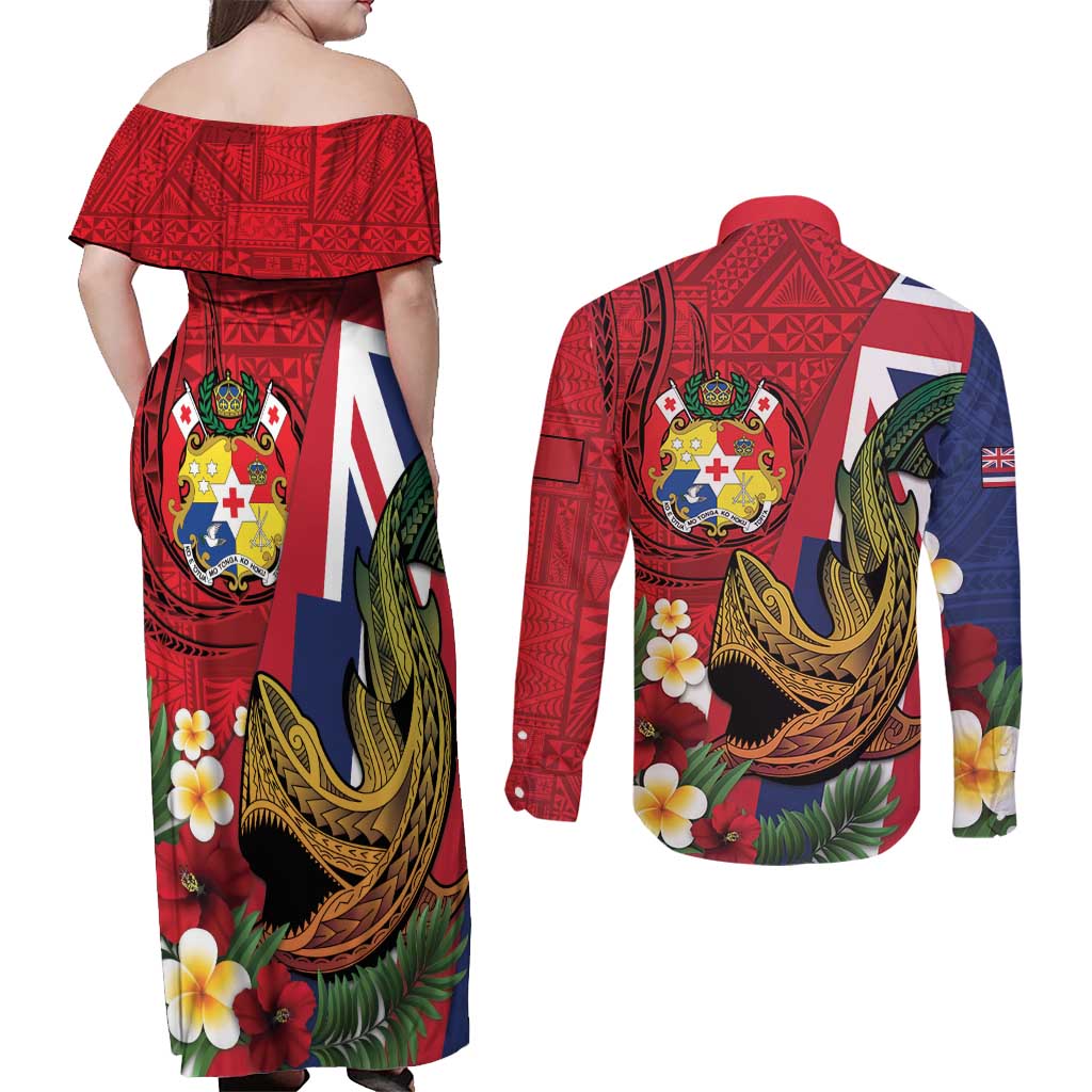 Hawaii And Tonga Couples Matching Off Shoulder Maxi Dress and Long Sleeve Button Shirt Shark Tattoo With Tongan Coat Of Arms