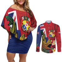 Hawaii And Tonga Couples Matching Off Shoulder Short Dress and Long Sleeve Button Shirt Shark Tattoo With Tongan Coat Of Arms