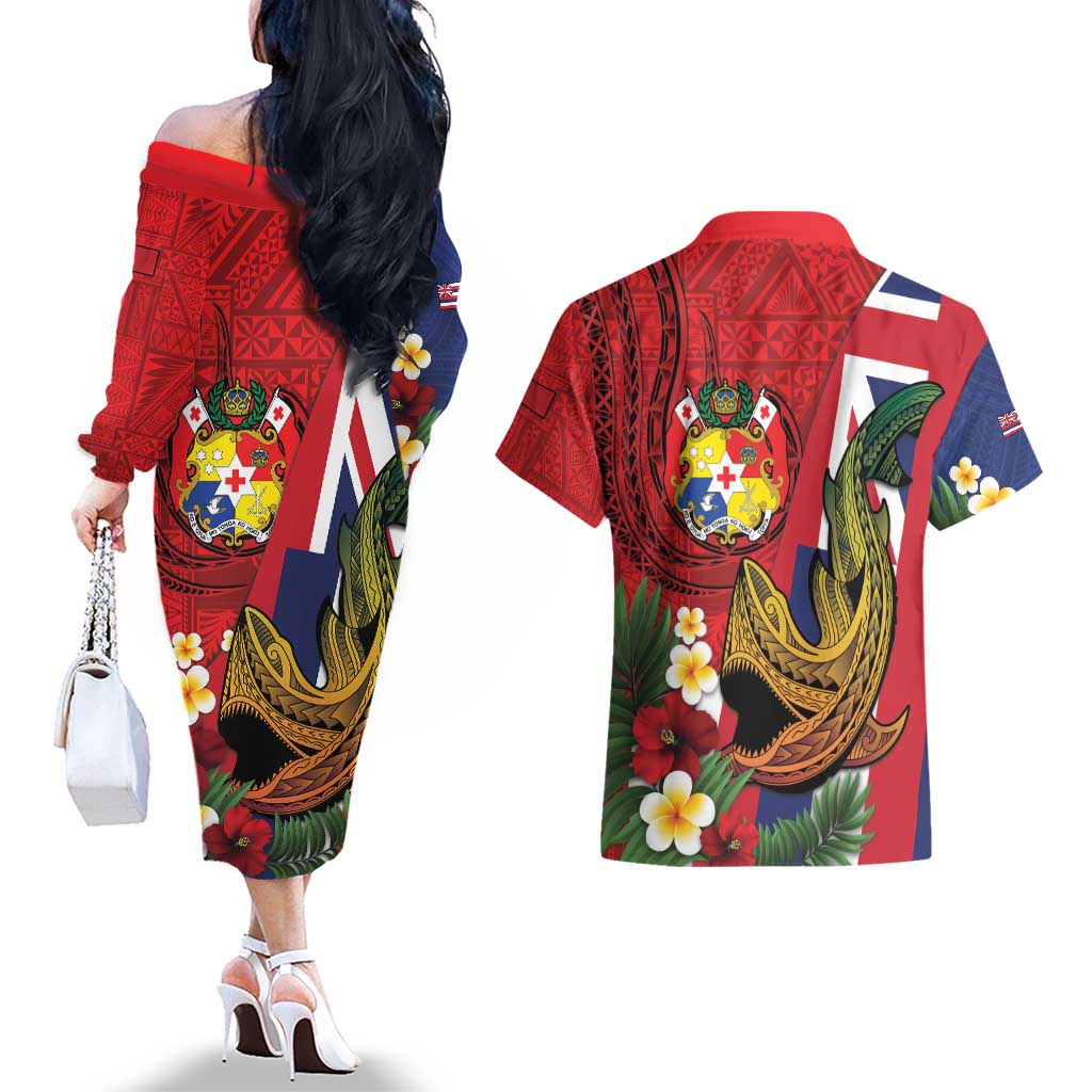 Hawaii And Tonga Couples Matching Off The Shoulder Long Sleeve Dress and Hawaiian Shirt Shark Tattoo With Tongan Coat Of Arms