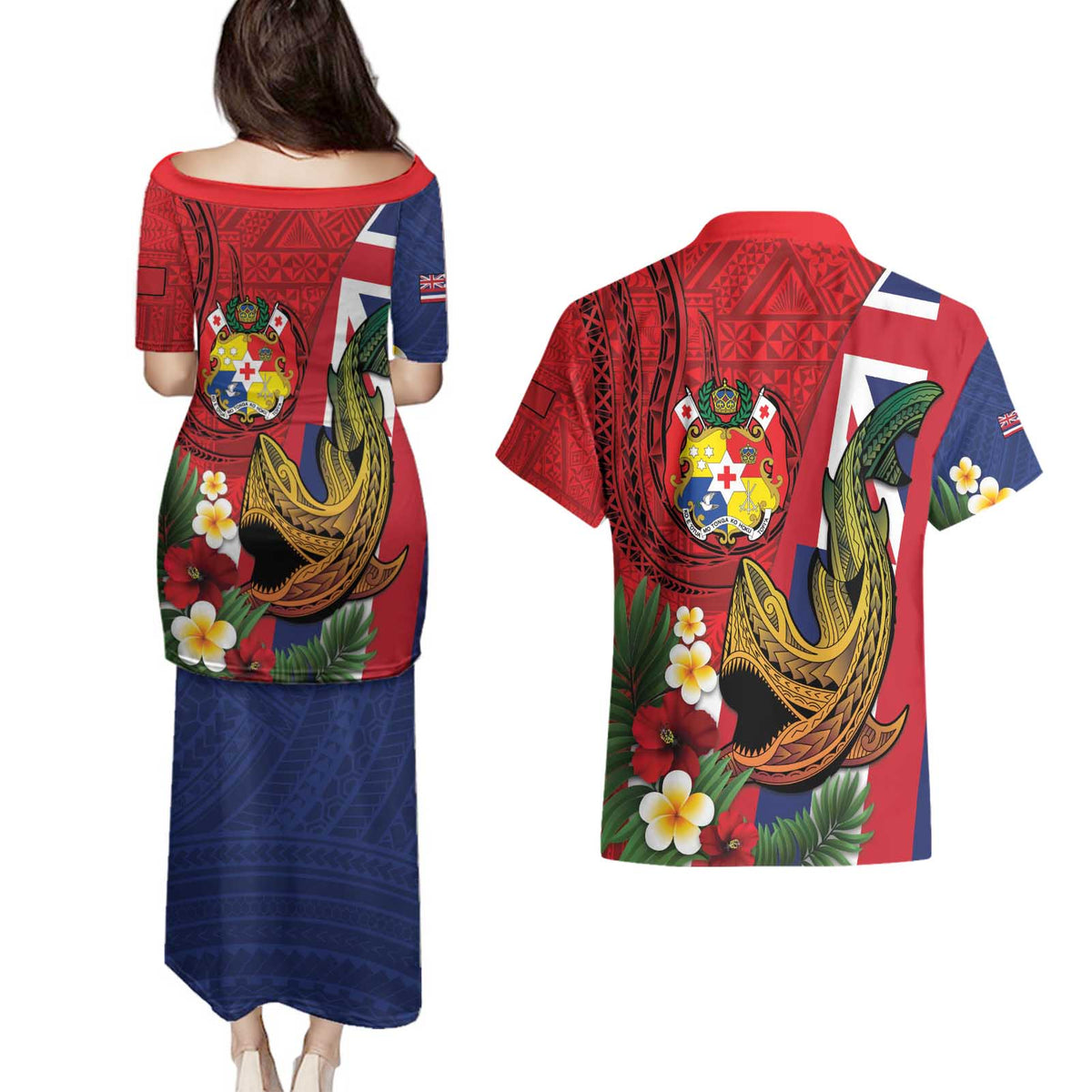 Hawaii And Tonga Couples Matching Puletasi and Hawaiian Shirt Shark Tattoo With Tongan Coat Of Arms