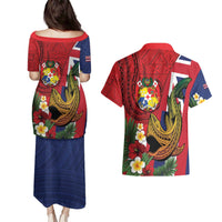 Hawaii And Tonga Couples Matching Puletasi and Hawaiian Shirt Shark Tattoo With Tongan Coat Of Arms