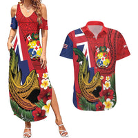 Hawaii And Tonga Couples Matching Summer Maxi Dress and Hawaiian Shirt Shark Tattoo With Tongan Coat Of Arms