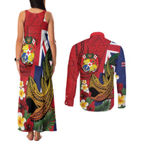 Hawaii And Tonga Couples Matching Tank Maxi Dress and Long Sleeve Button Shirt Shark Tattoo With Tongan Coat Of Arms