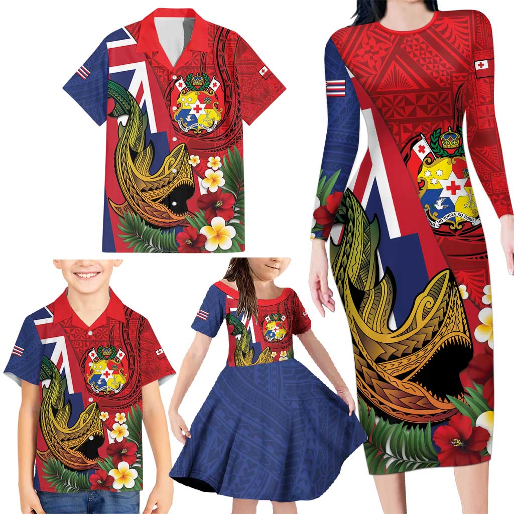 Hawaii And Tonga Family Matching Long Sleeve Bodycon Dress and Hawaiian Shirt Shark Tattoo With Tongan Coat Of Arms