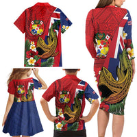 Hawaii And Tonga Family Matching Long Sleeve Bodycon Dress and Hawaiian Shirt Shark Tattoo With Tongan Coat Of Arms