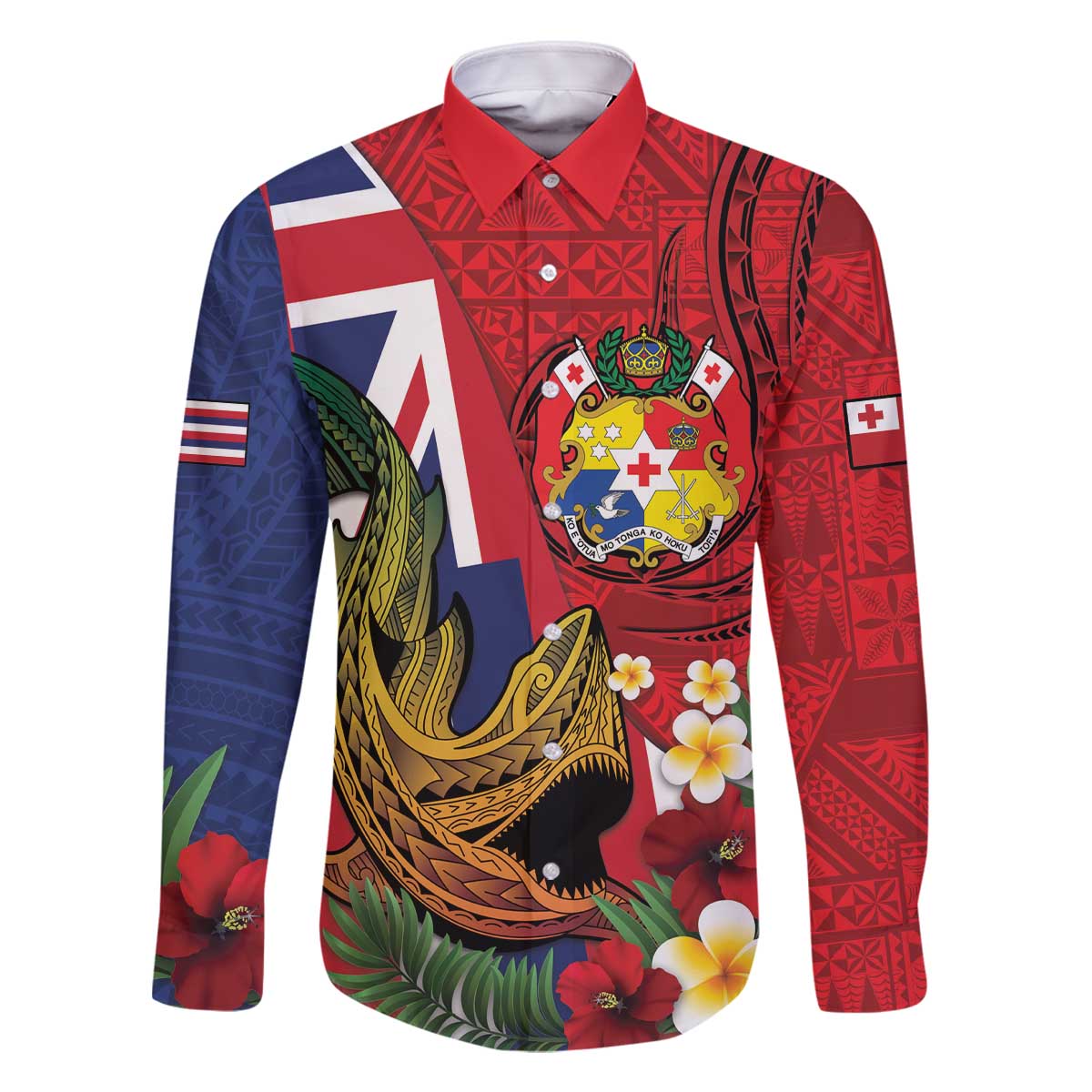 Hawaii And Tonga Family Matching Off The Shoulder Long Sleeve Dress and Hawaiian Shirt Shark Tattoo With Tongan Coat Of Arms