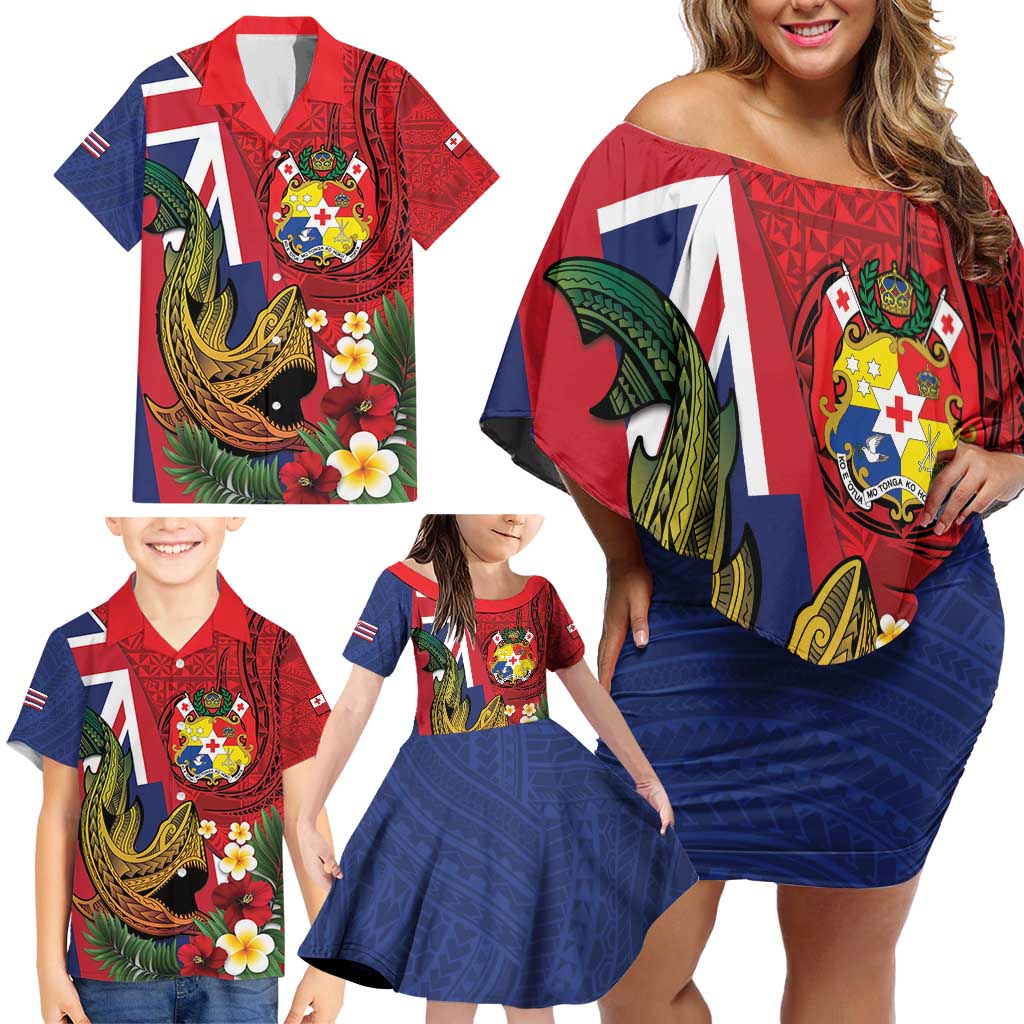 Hawaii And Tonga Family Matching Off Shoulder Short Dress and Hawaiian Shirt Shark Tattoo With Tongan Coat Of Arms